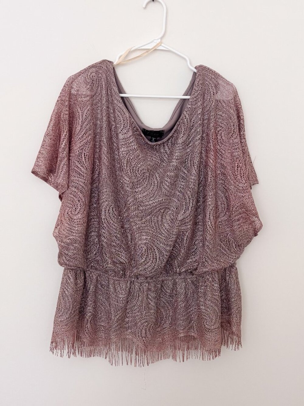 DressBarn Collection 3X Rose Gold Metallic Fringe Flutter Sleeve Top